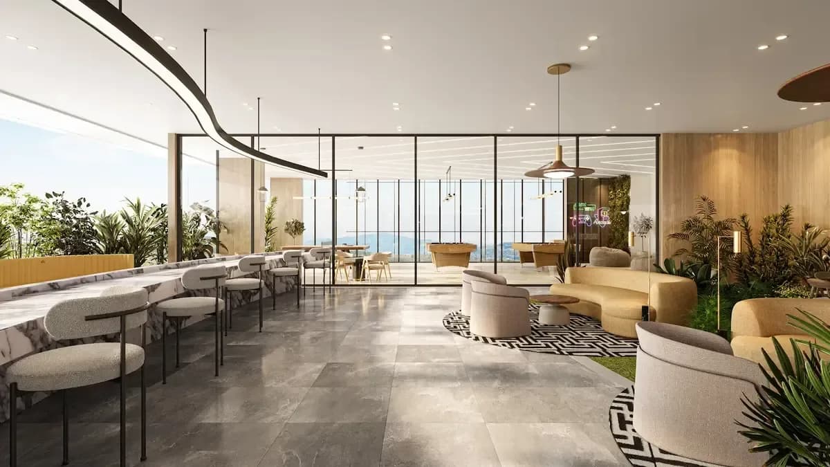 Residents' lounge with bar seating and a games zone