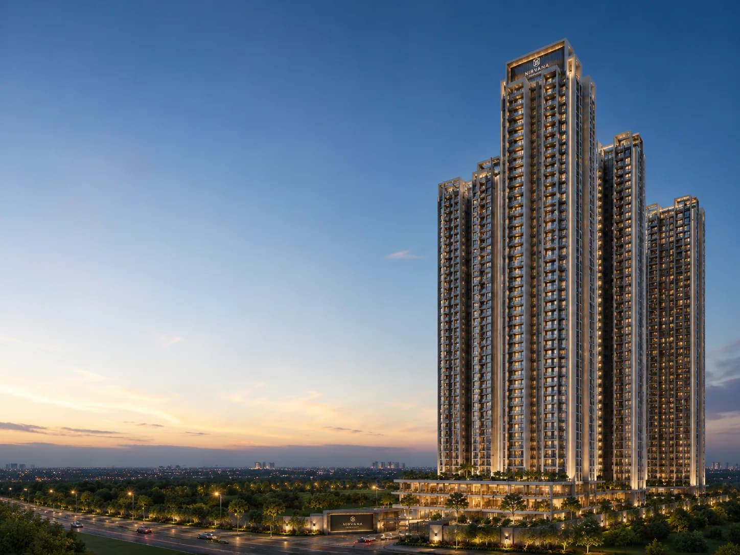 High-rise residential tower beside open green fields